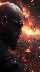 Solar warlord surveys burning cybercity under falling worlds.