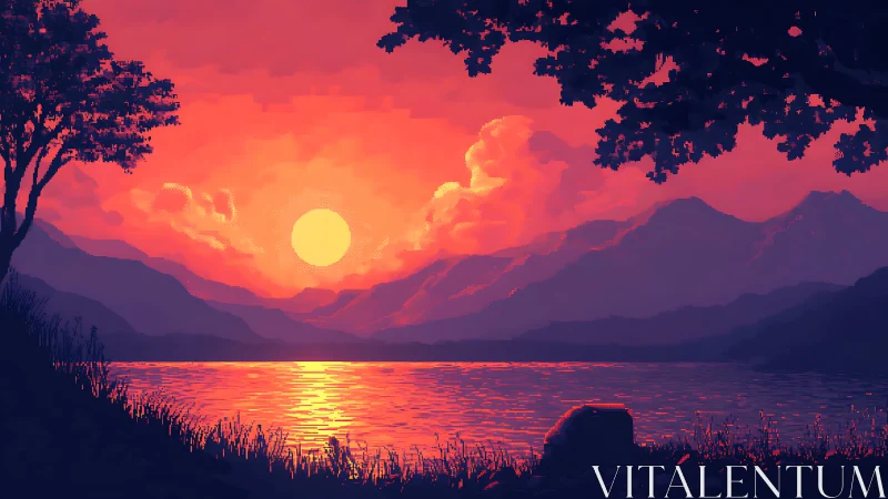 Pixelated mountain lake sunset with silhouetted trees.