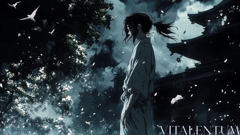 Lone samurai contemplates beneath drifting petals at dusk.