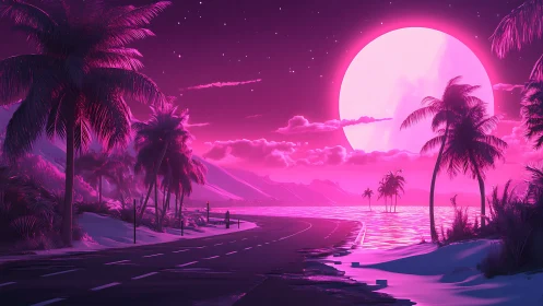 Neon-lit coastal highway curves beside palm-fringed shoreline