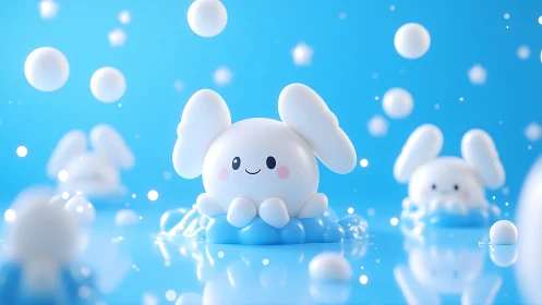 Bubble-eared sky bunnies giggle on pastel blue clouds.