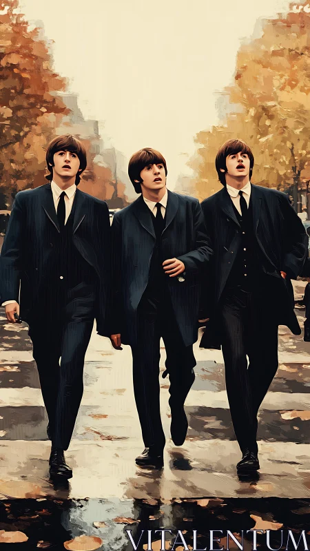 Digital painting of suited trio on autumn city street.