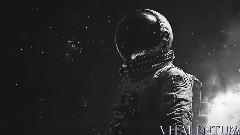 Solitary astronaut rendered in stark monochrome deep space