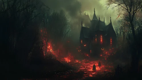 Midnight pilgrims tread the ember road to a haunted chapel