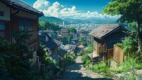 Hillside residential lane overlooking distant urban valley.