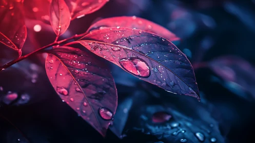 Neon-kissed leaves with dewy droplets in moody contrast.