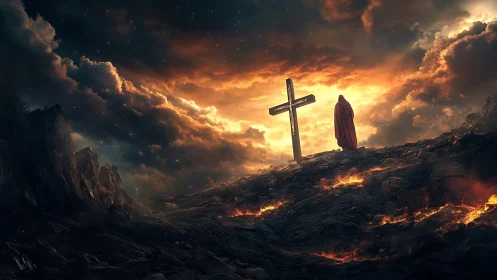 Scarlet wanderer weighs faith beneath a storm-torn heaven