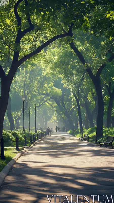 Sunlit park walkway inviting quiet strolls through green shade.