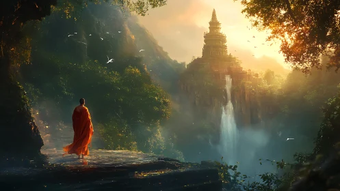 Solitary monk approaching misty temple above falls.