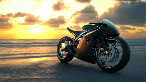 Futuristic black motorcycle on reflective beach at sunset.