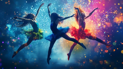 Dynamic ballerinas leap through multicolor bokeh particle field