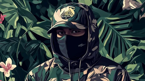 Hooded masked figure in camouflage before dense foliage.