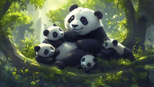 Digital painting of panda family in luminous forest glade.