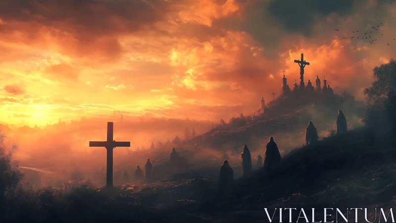 Hooded pilgrims ascend misty hill toward distant crucifix under firelit sky