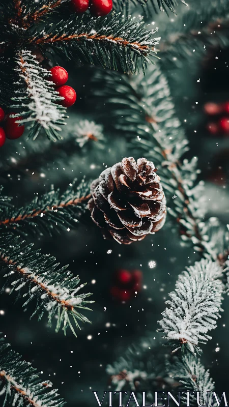 Frosted pinecone on evergreen branch amid soft snowfall.