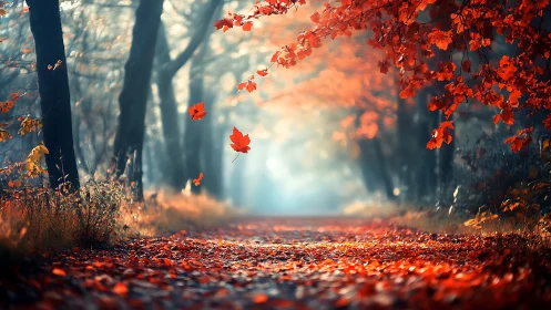 Foggy forest path with vivid red autumn leaves falling.