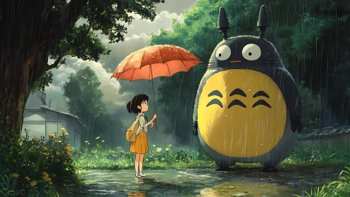 Rain-soaked forest encounter unites child and creature under umbrella