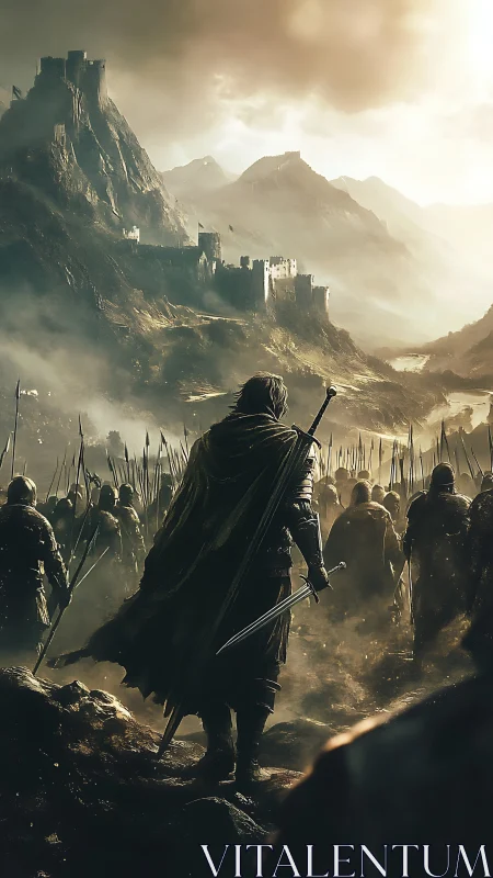 Medieval warlord leading army toward misty mountain fortress.