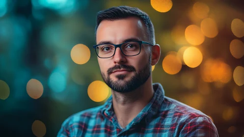 Portrait of a bearded man with glasses against bokeh lights.
