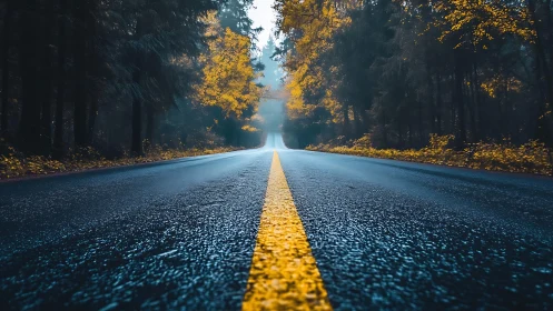 Golden forest road invites a calm journey into soft light