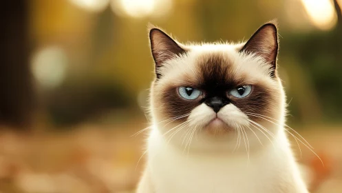 Grumpy Blue-Eyed Cat with Siamese Coloring Stares Intently