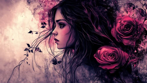 Digital painting profile portrait with baroque rose overlay.