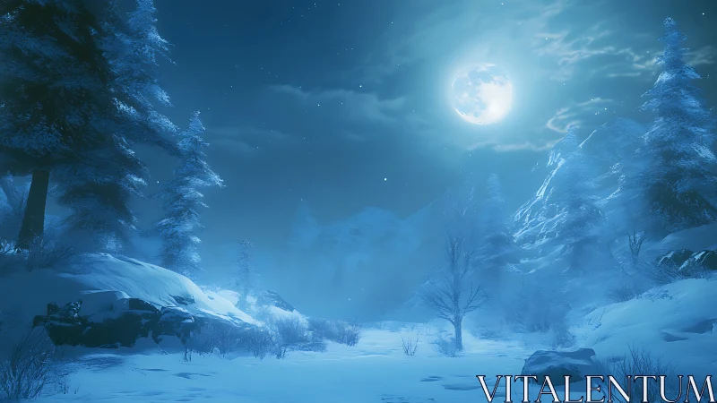 Moonlit winter valley wrapped in quiet blue enchantment.