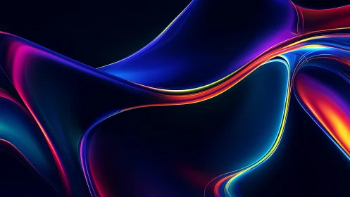 Neon fluid ribbons curve across deep luminous gradient.