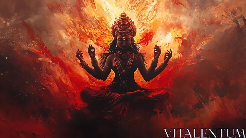 Fiery multi-armed deity in meditative seated pose.