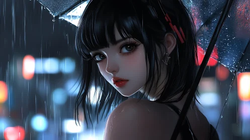 Nocturnal anime portrait renders wet city bokeh and rim lighting