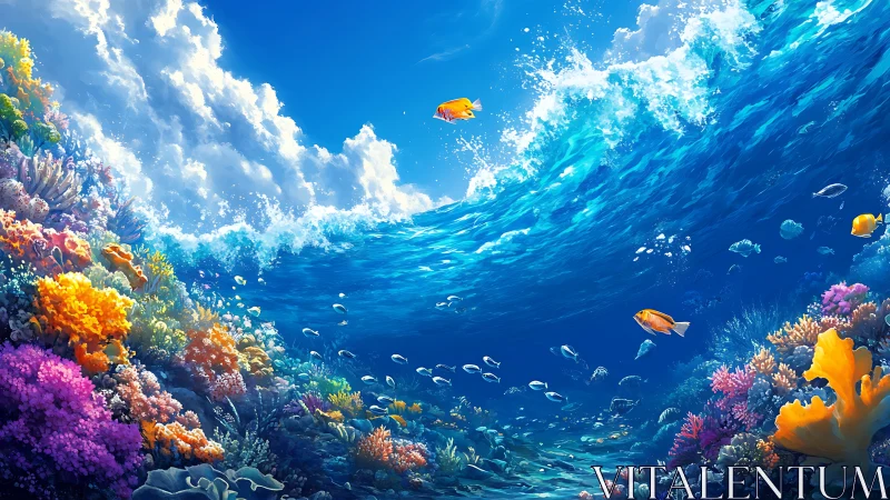 Vibrant coral reef under a clear blue ocean wave.
