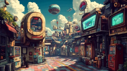 Retro-futuristic city street glows under a bright teal sky