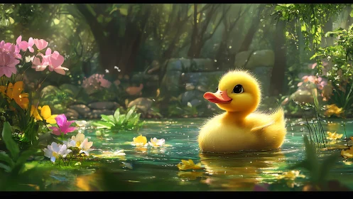 Golden duckling drifts through sunlit forest pond in bloom