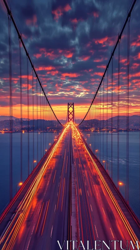 Suspension bridge roadway with evening traffic light trails.