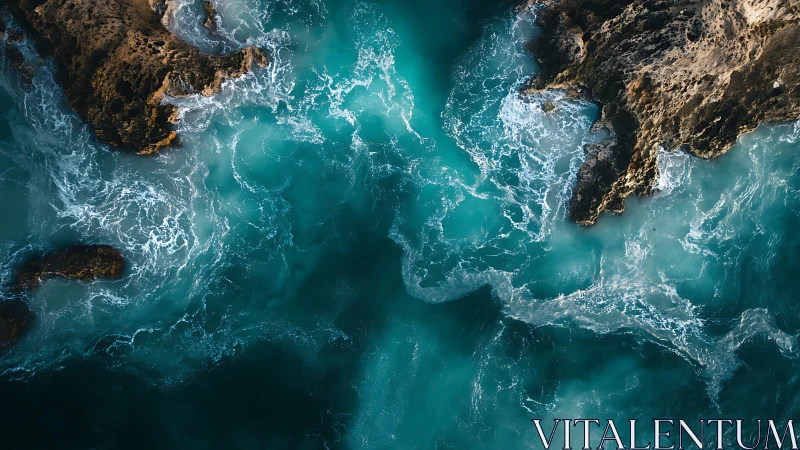 Aerial surf swirling between rugged coastal cliffs at dusk.