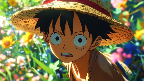 Straw-hatted dreamer freezes mid-gasp in a blaze of blooms