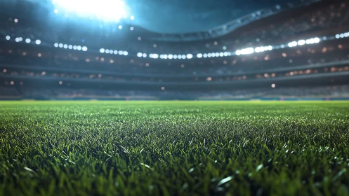 Floodlit sports turf with cinematic shallow depth of field.