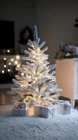 Snow-frosted miniature tree with lights and boxed gifts.