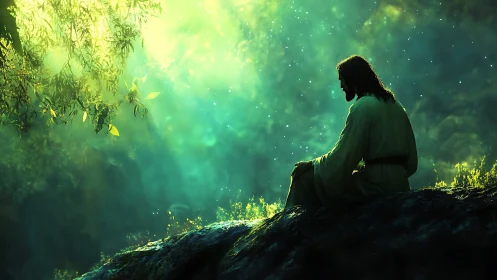 Figure in robe sits on rocky outcrop under diffused green light