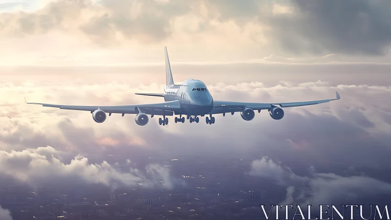 Widebody jetliner on stabilized approach through stratiform cloudscape.