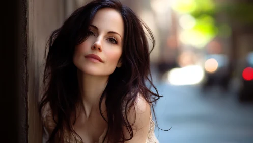Woman with dark hair leaning against urban wall outdoors.