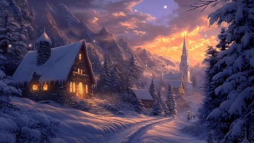 Digital painting of alpine winter village at golden hour.