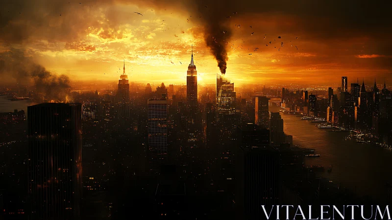 Burning skyscraper dominates sunset over dense river city