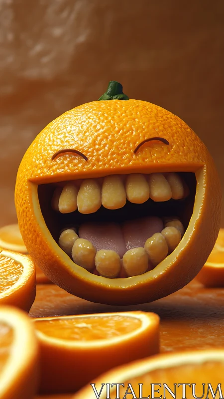 Laughing orange with human teeth dominates juicy slices