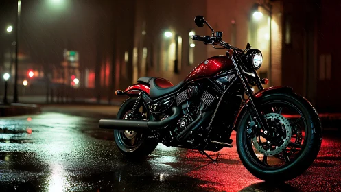 Red and black cruiser motorcycle on wet night street.