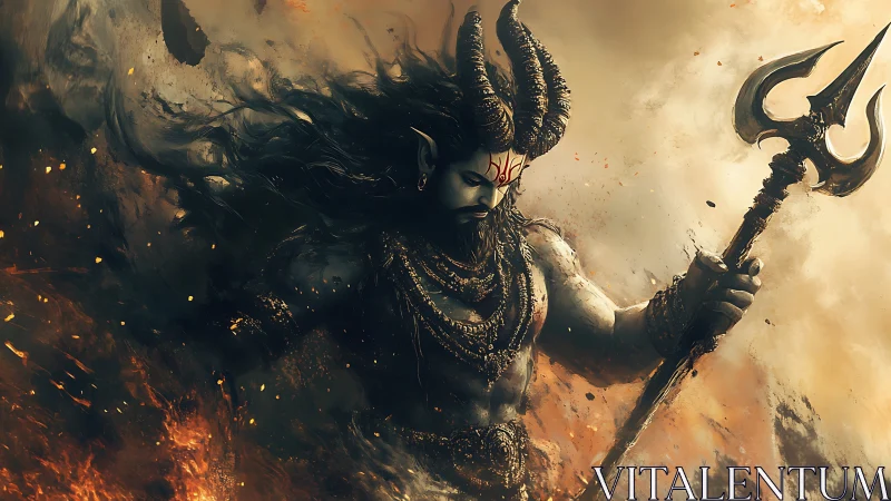 Horned mythic warrior with trident in burning environment.