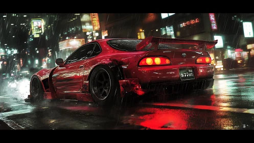 Modified red sports coupe on wet neon city street at night.