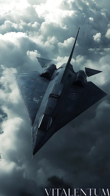 Stealth aircraft over dense cloud layer in oblique view.