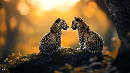 Twin Leopard Cubs on Branch at Golden Hour