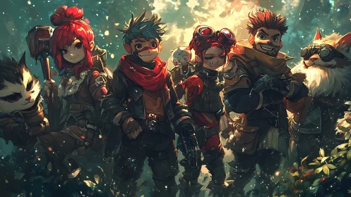 Stylized fantasy adventurer squad under glowing forest sky.